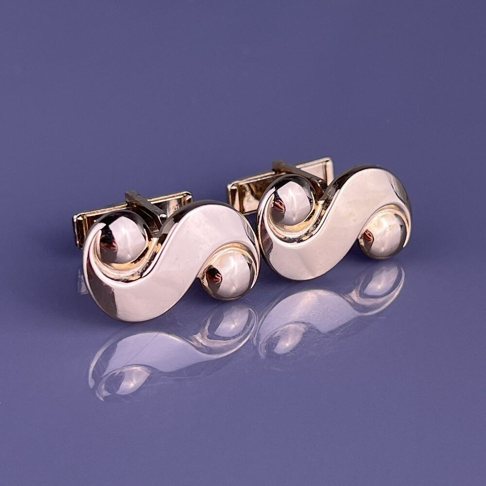 Large Scoll S Initial Cufflinks Gold Tone Polished Finish Simple Vintage